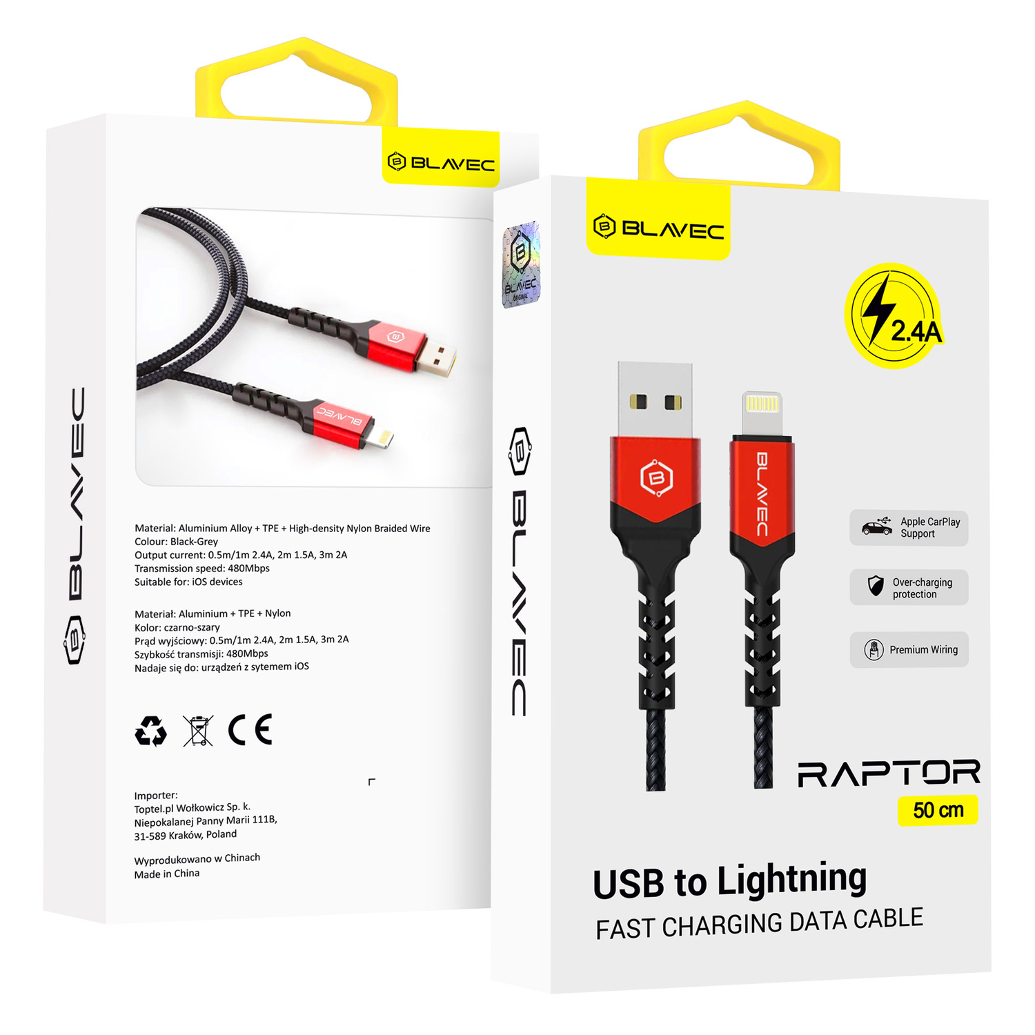 Blavec kabelis Raptor pintas - USB į Lightning - 2,4A 0,5 metro Apple CarPlay (CRA-UL24BR05) juodas-raudonas