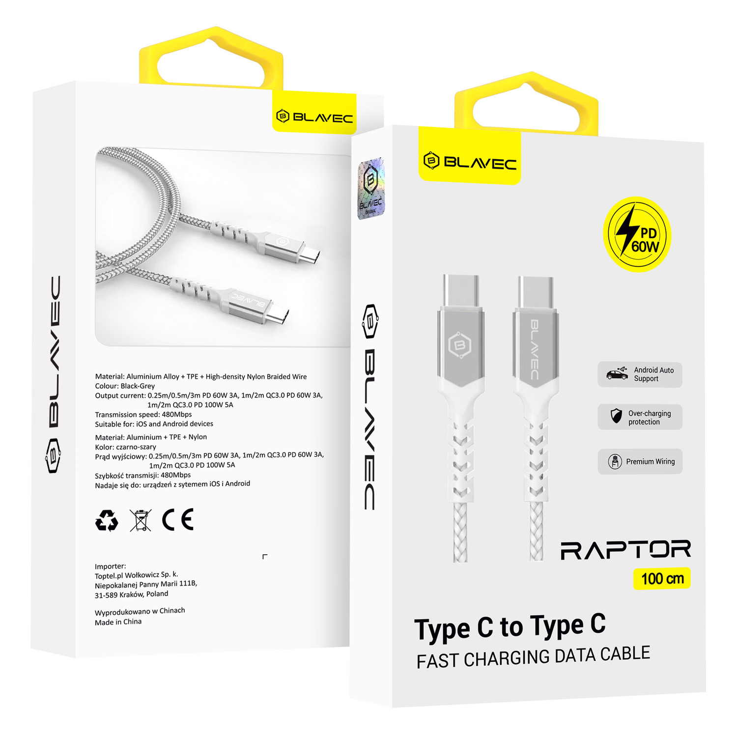 Blavec kabelis Raptor pintas - Type C į Type C - PD 60W 3A 1 metras Apple CarPlay/Android Auto (CRA-CC3WS10) baltas-sidabrinis