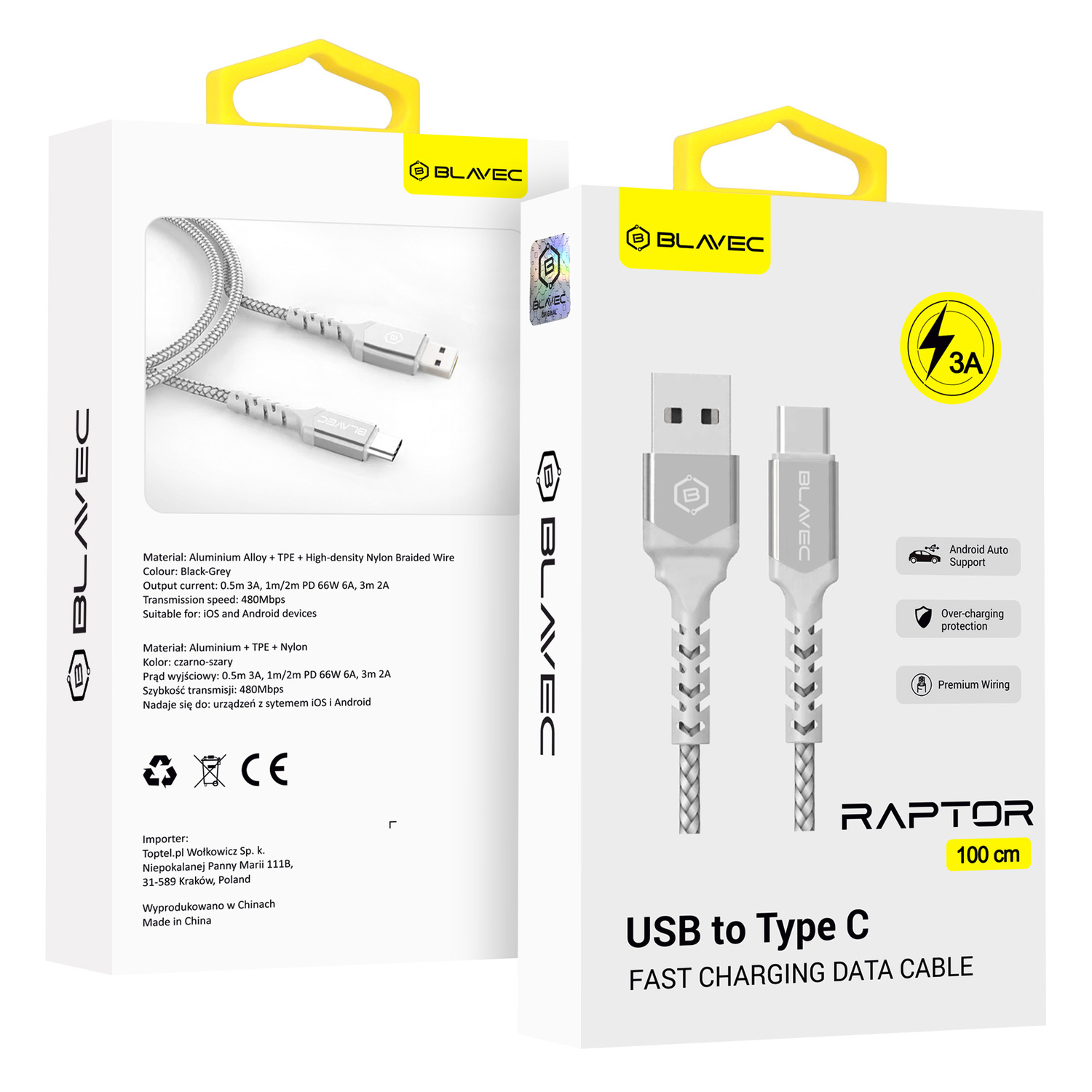 Blavec kabelis Raptor pintas - USB į Type C - 3A 1 metras Apple CarPlay/Android Auto (CRA-UC3WS10) baltas-sidabrinis