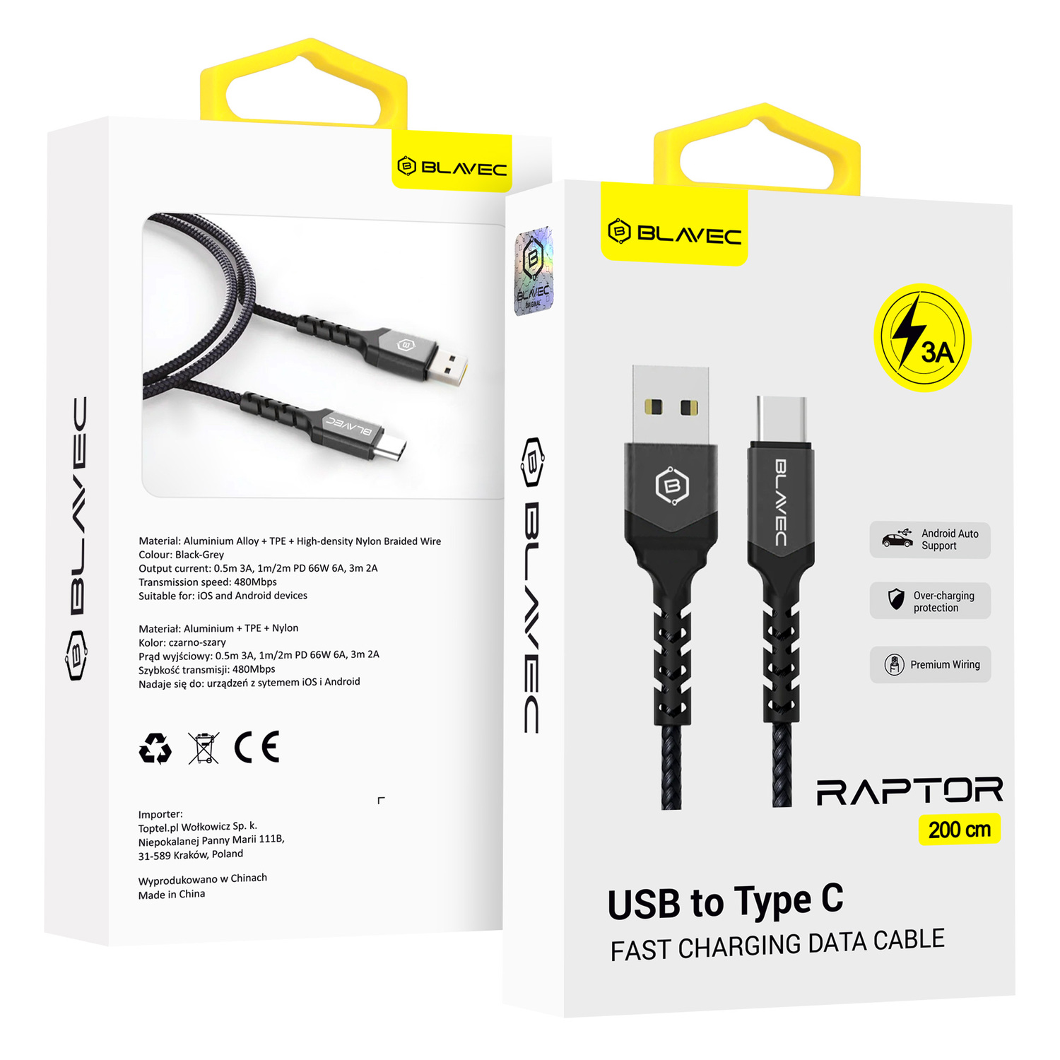 Blavec kabelis Raptor pintas - USB į Type C - 3A 2 metrai Apple CarPlay/Android Auto (CRA-UC3BG20) juodas-pilkas