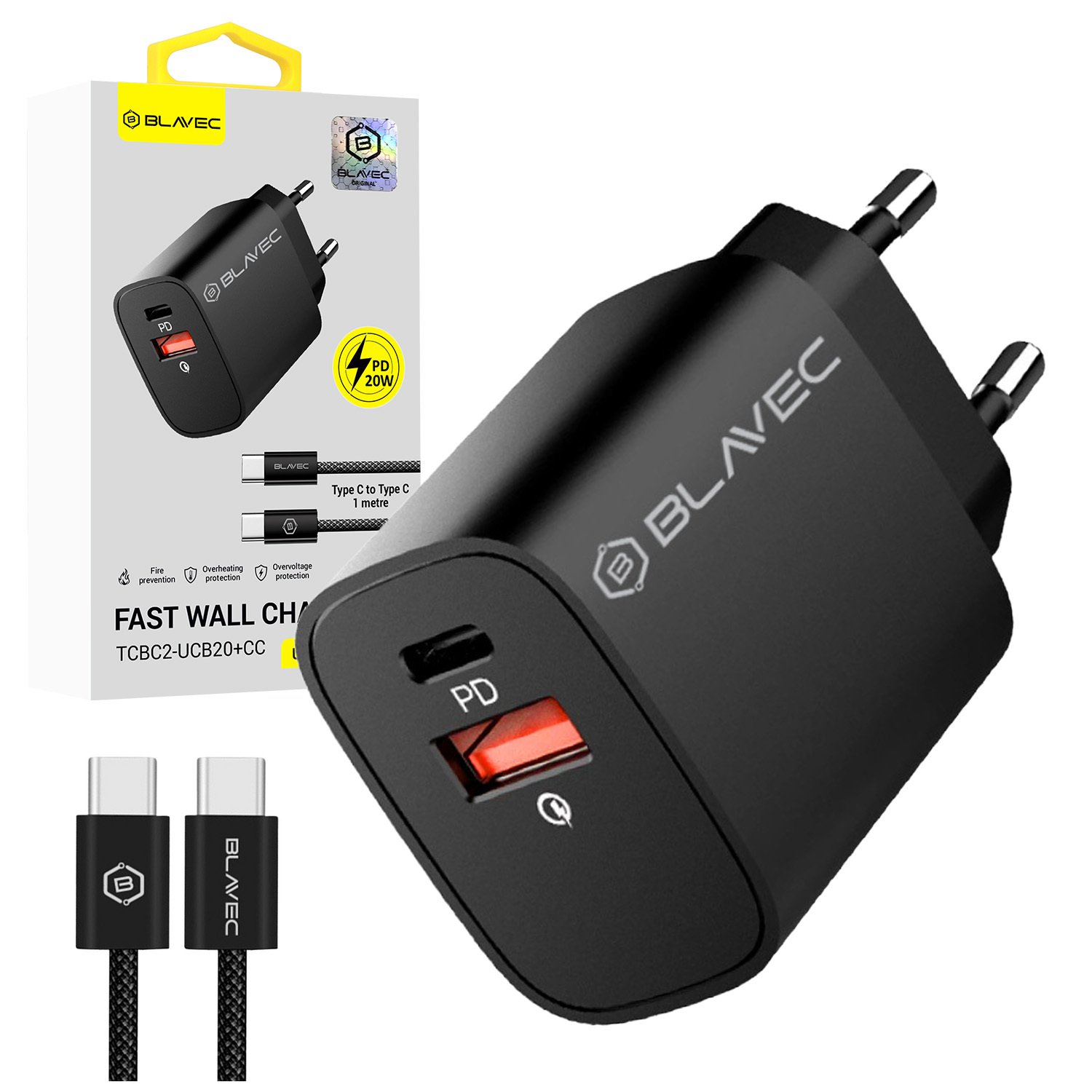 Blavec sieninis įkroviklis BC-2 - USB + Type C - QC 3.0 PD 20W su Type C į Type C kabeliu (TCBC2-UCB20+CC) juodas