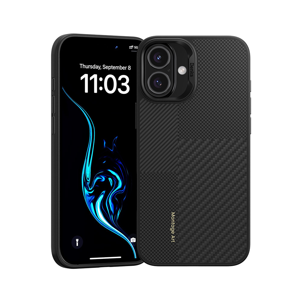 Benks Montage magnetinis Armor Pro Kevlar dėklas su metaliniu rėmeliu 600D+1500D Iphone 16 Plus telefonui juodas