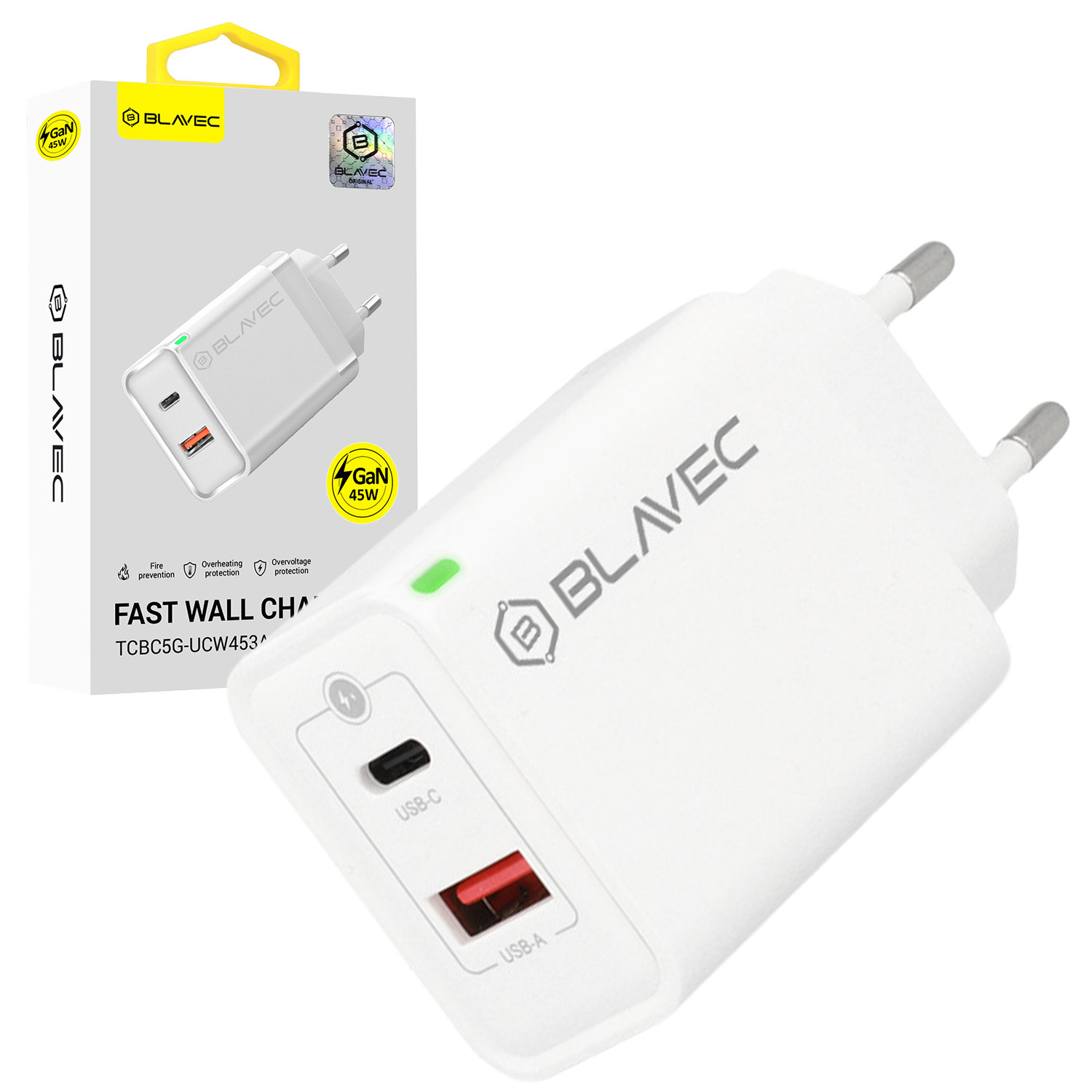 Blavec sieninis įkroviklis BC-5 GaN - USB + Type C - PD QC 45W 3A (TCBC5G-UCW453A) baltas
