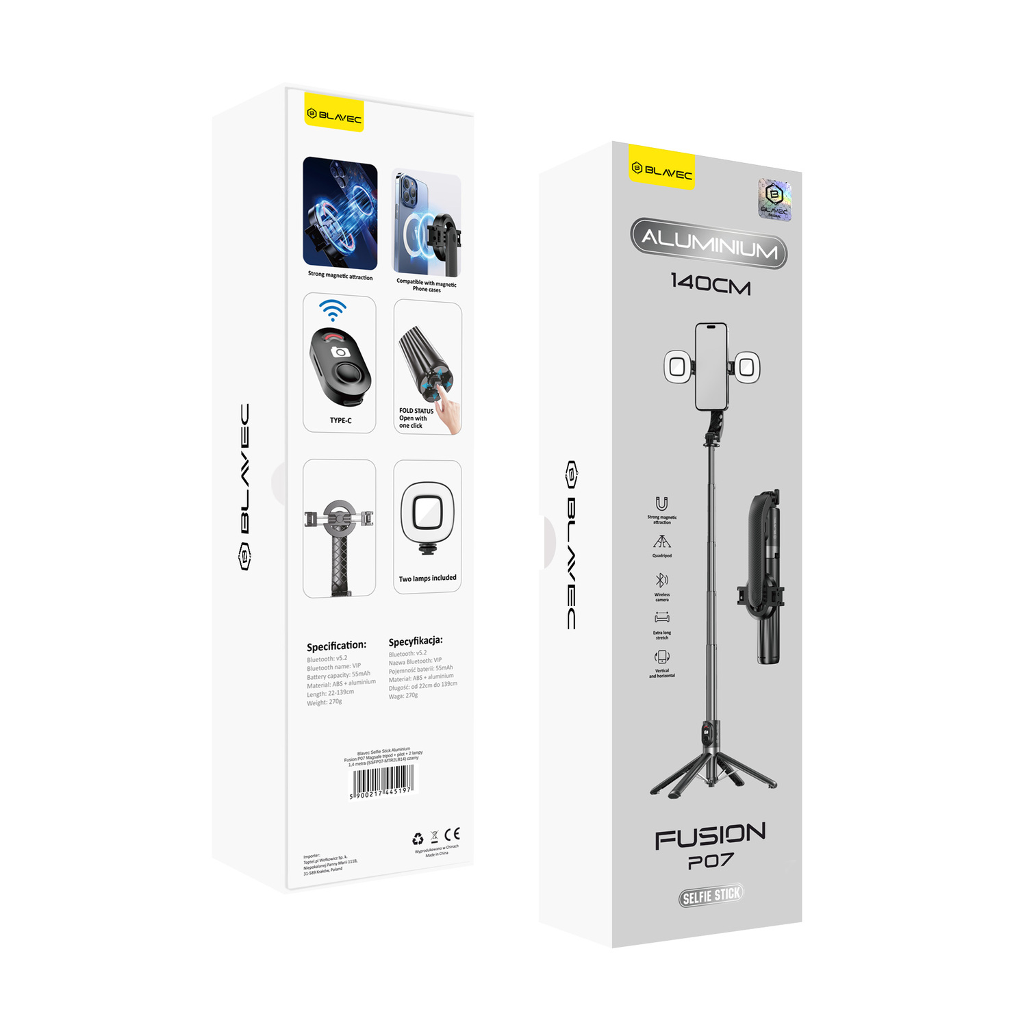 Blavec asmenukių lazda Aluminium Fusion P-07 Magsafe trikojis + nuotolinio valdymo pultas + 2 lempos 1,4 metro (SSFP07-MTR2LB14) juodas