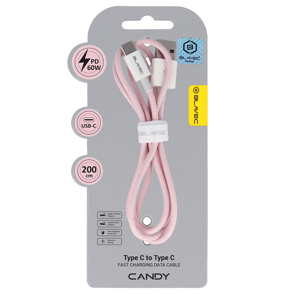 Blavec Kabelis Candy pintas - USB į Type C - PD 60W 3A 2 metrai Apple CarPlay/Android Auto (CCA-UC3P20) rožinis