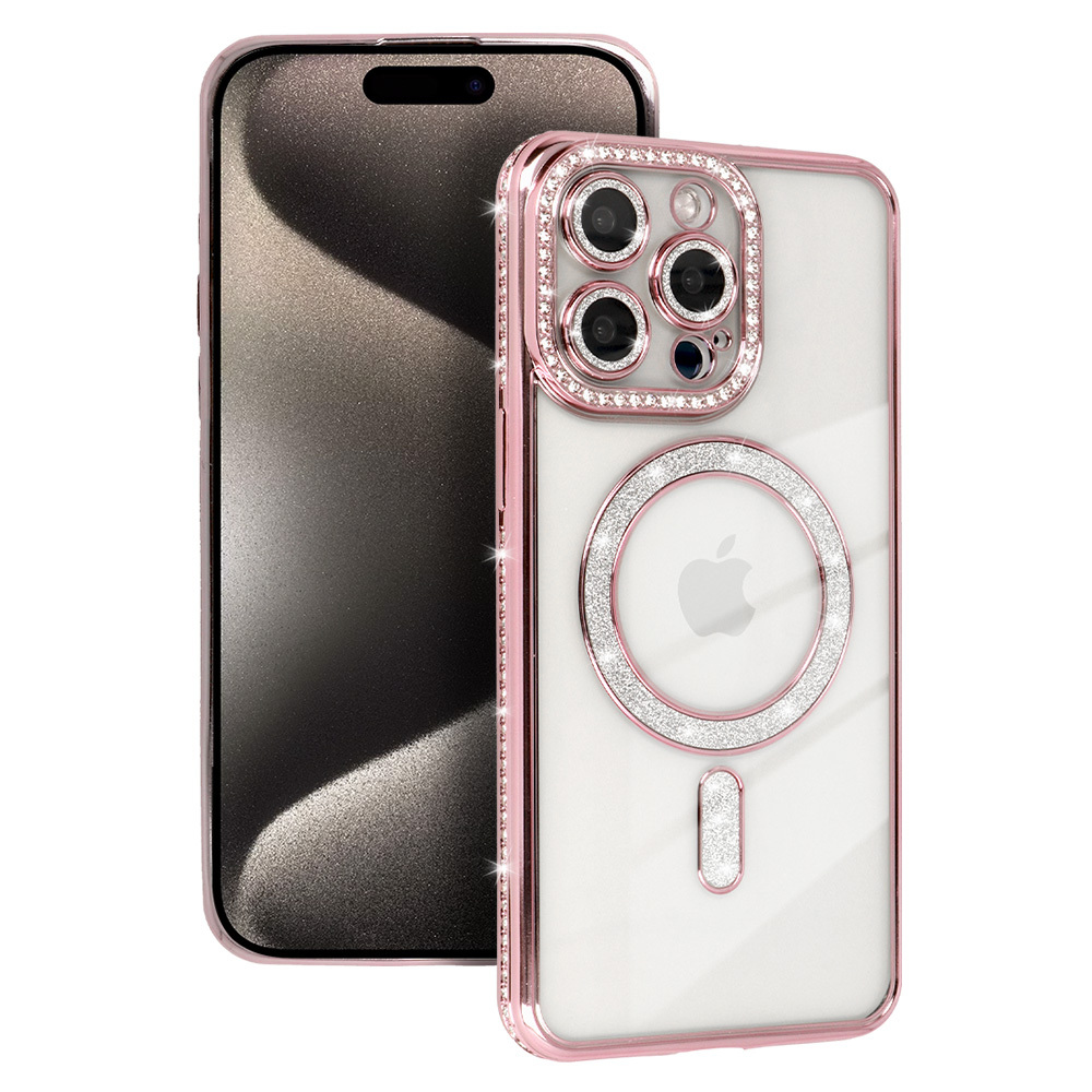 Bling Magnetinis dėklas telefonui Iphone 16 Pro rožinis