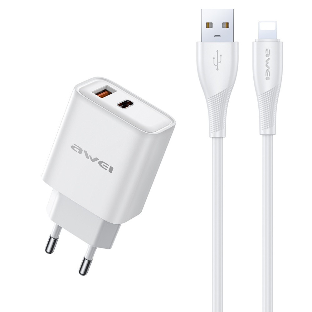 Įkroviklis Awei PD81L-EU 22.5W USB-A/USB-C + USB to Lightning cable 1.0m baltas