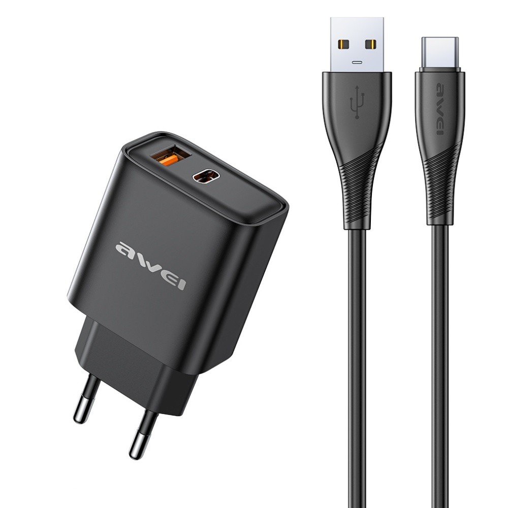 Įkroviklis Awei PD81T-EU 22.5W USB-A/USB-C + USB-A to USB-C cable 1.0m juodas