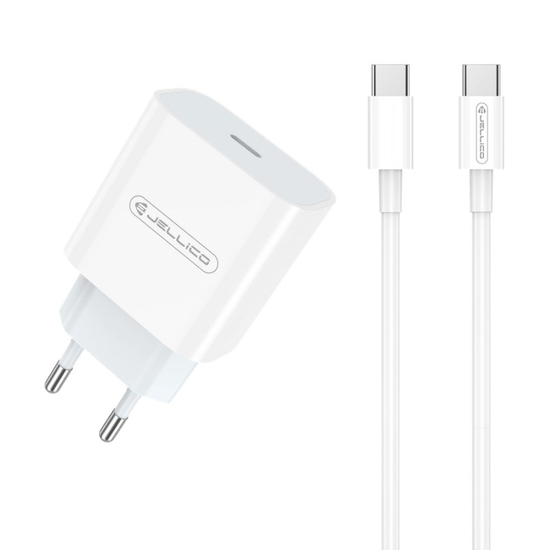 Įkroviklis Jellico AK180 20W USB-C + USB-C to USB-C cable 1.0m baltas