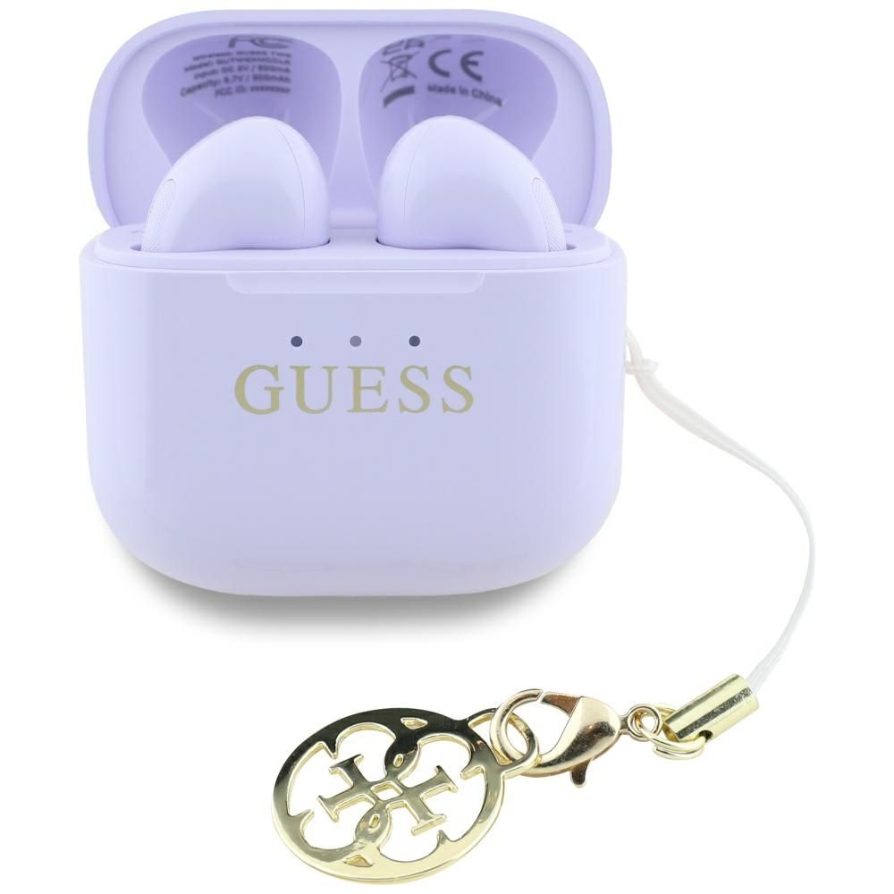 Belaidės ausinės TWS Guess Effect Printed Classic Logo & Charm levandų spalvos