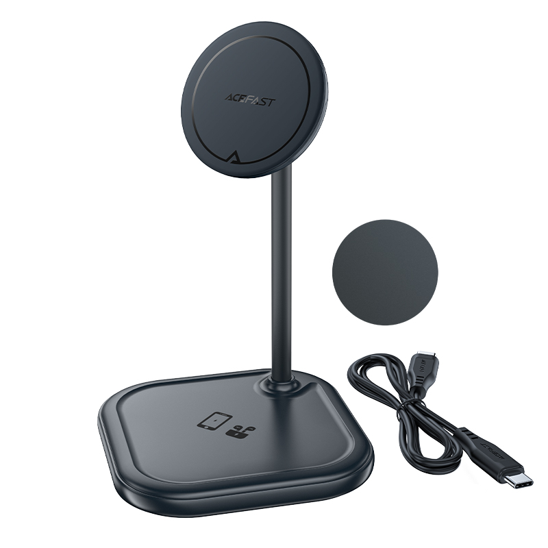 "Acefast" 15 W "Qi" belaidis įkroviklis "iPhone" (su "MagSafe") ir "Apple AirPods" stovo laikiklis Magnetinis laikiklis Pilka (E6 pilka)