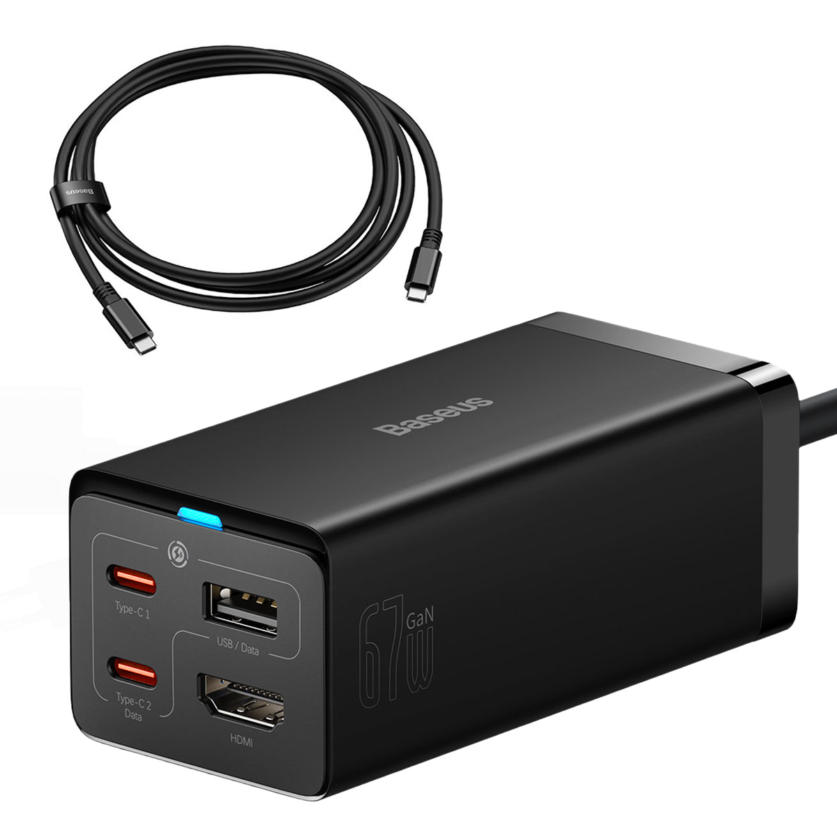 Baseus greitas įkroviklis GaN5 Pro HUB HDMI 2 x USB-C / USB-A / HDMI 4K 30Hz 1.5m juodas + USB-C laidas - USB-C 100W 40Gb/s (USB4) 1m (CCGP110201)