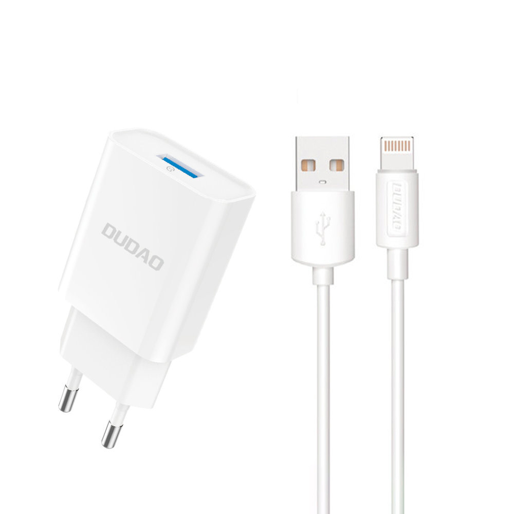 Dudao A4EU USB-A 2.1A sieninis įkroviklis - baltas + USB-A - Lightning kabelis