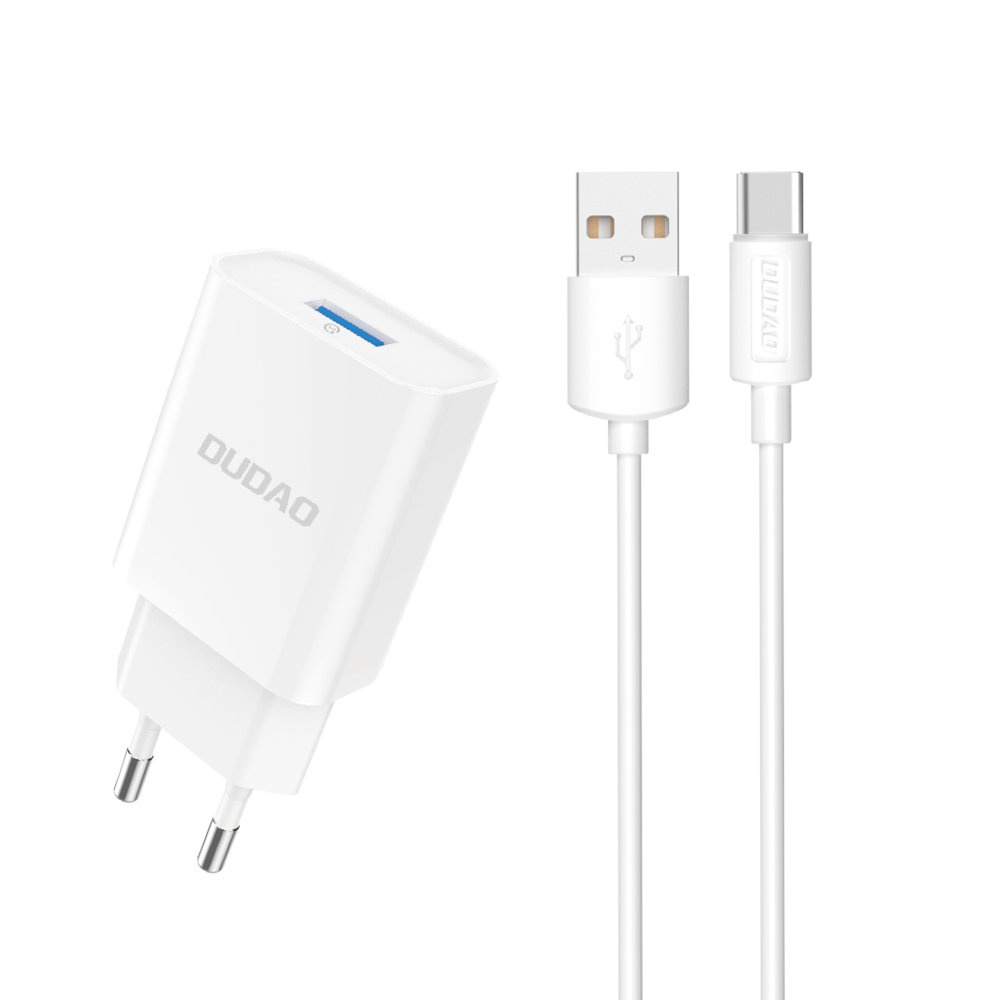 Dudao A4EU USB-A 2.1A sieninis įkroviklis - baltas + USB-A - USB-C kabelis