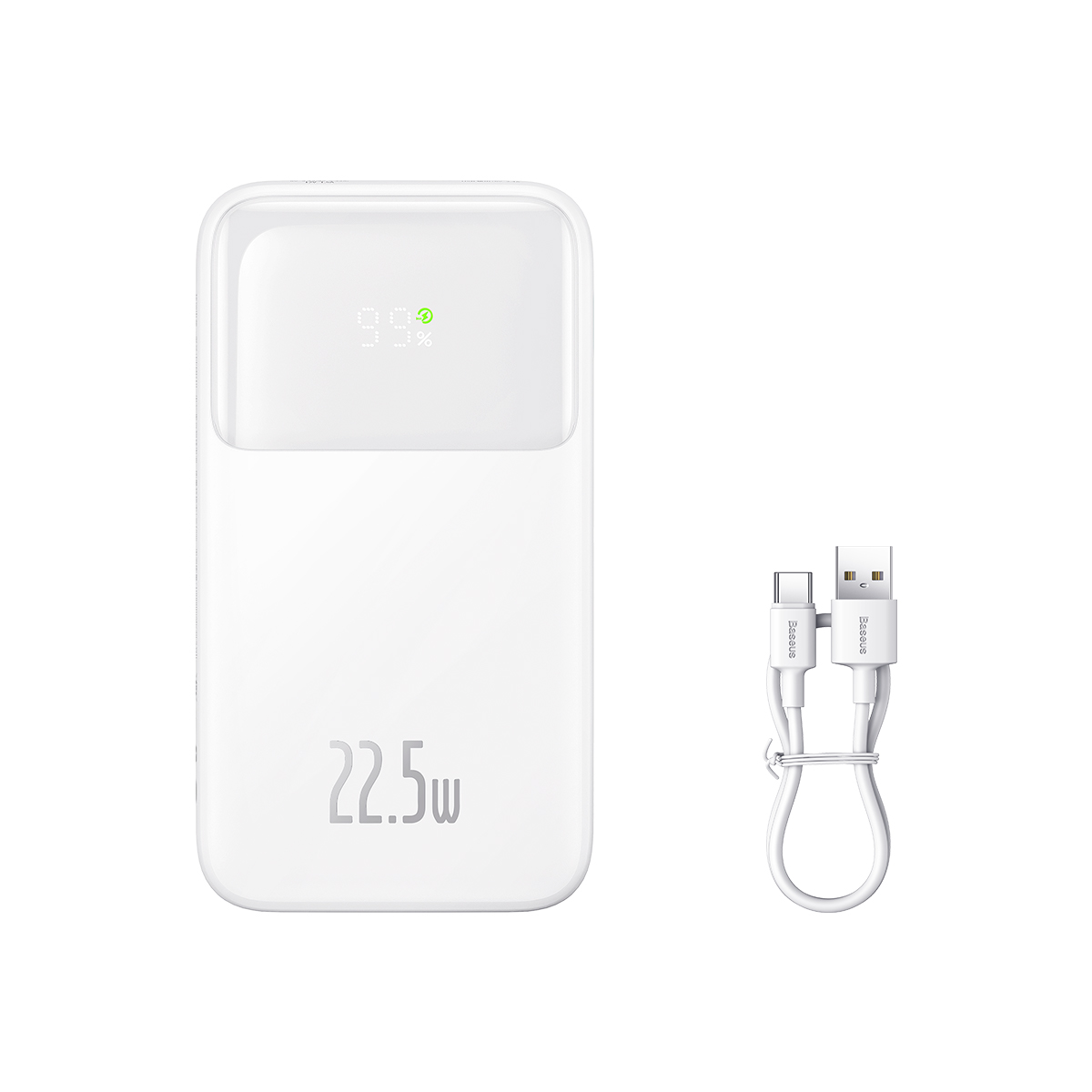 "Baseus Comet" serijos maitinimo blokas su ekranu 10000 mAh 22,5 W - baltas + USB-A - USB-C kabelis