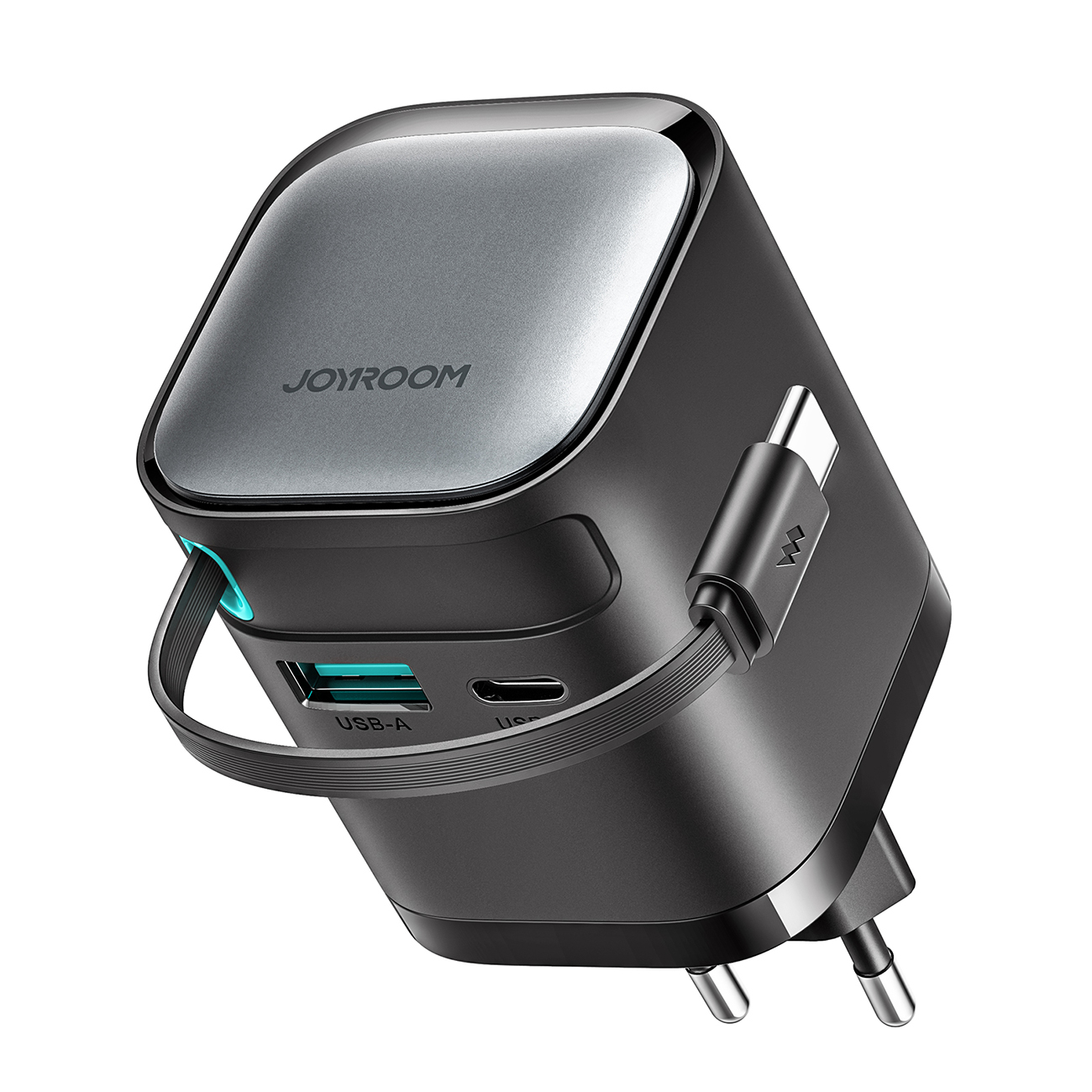 Joyroom JR-TCL02 65W USB-A USB-C GaN įkroviklis su įmontuotu USB-C kabeliu - juodas