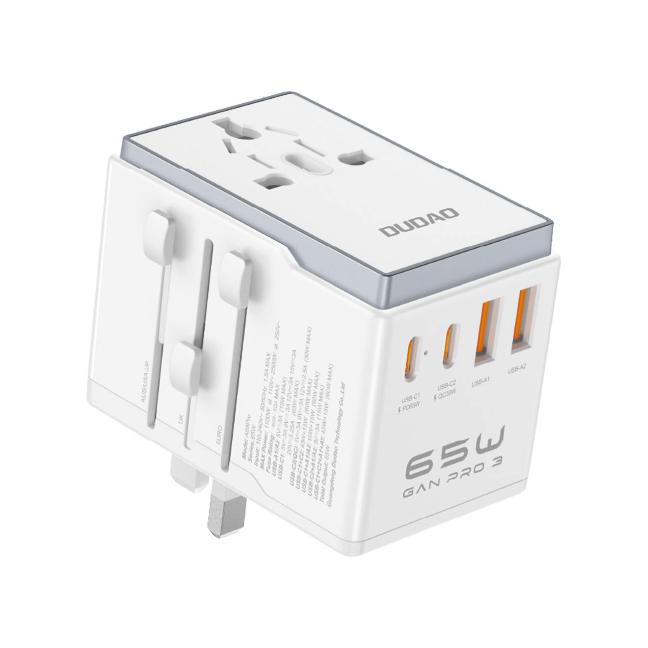 Dudao A65Pro 65W kelioninis adapteris EU / US / JP / AUS / UK 2x USB-C 2x USB-A - baltas