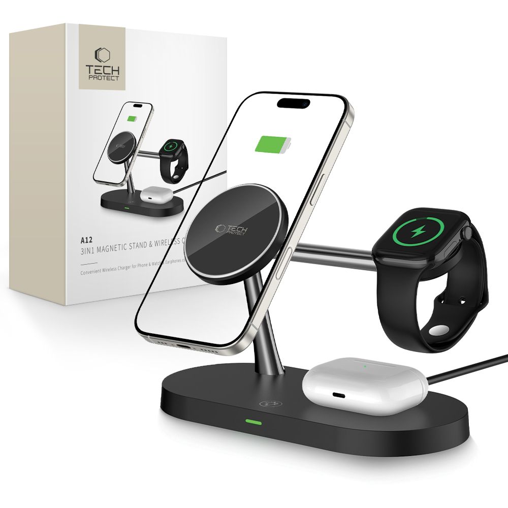 Tech-Protect A12 3in1 MagSafe indukcinis įkroviklis išmaniajam telefonui / ausinėms / išmaniajam laikrodžiui - juodas