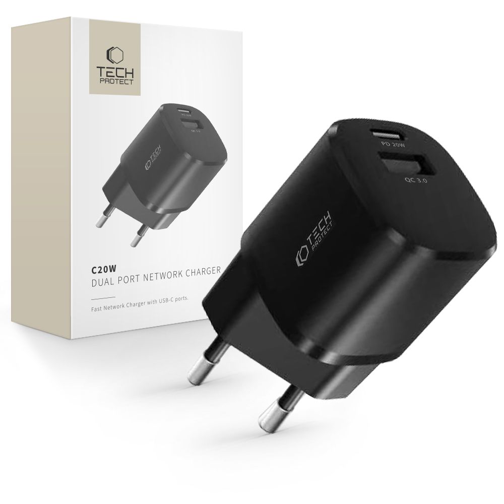 Tech-Protect C20W mini įkroviklis USB-C PD 20W / USB-A QC 3.0 - juodas