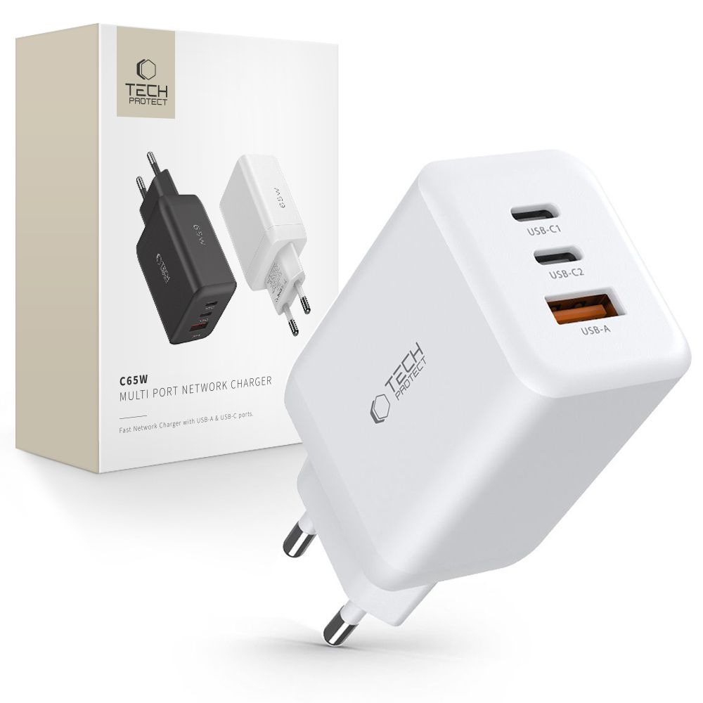 Tech-Protect C65W įkroviklis 2x USB-C PD 65W / USB-A QC 3.0 - baltas
