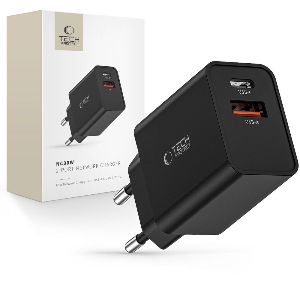 "Tech-Protect NC30W" įkroviklis USB-C PD 30W / USB-A QC 3.0 - juodas