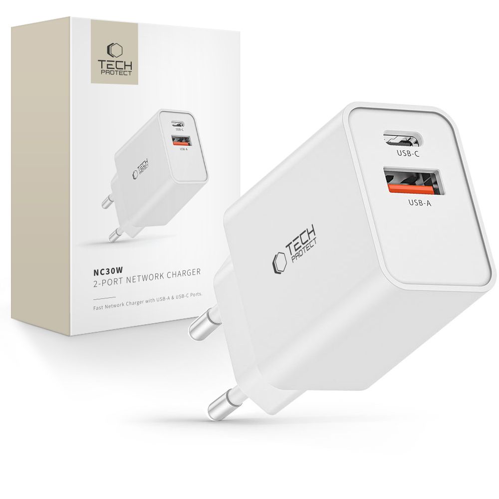 "Tech-Protect" NC30W USB-C PD 30W / USB-A QC 3.0 įkroviklis - baltas