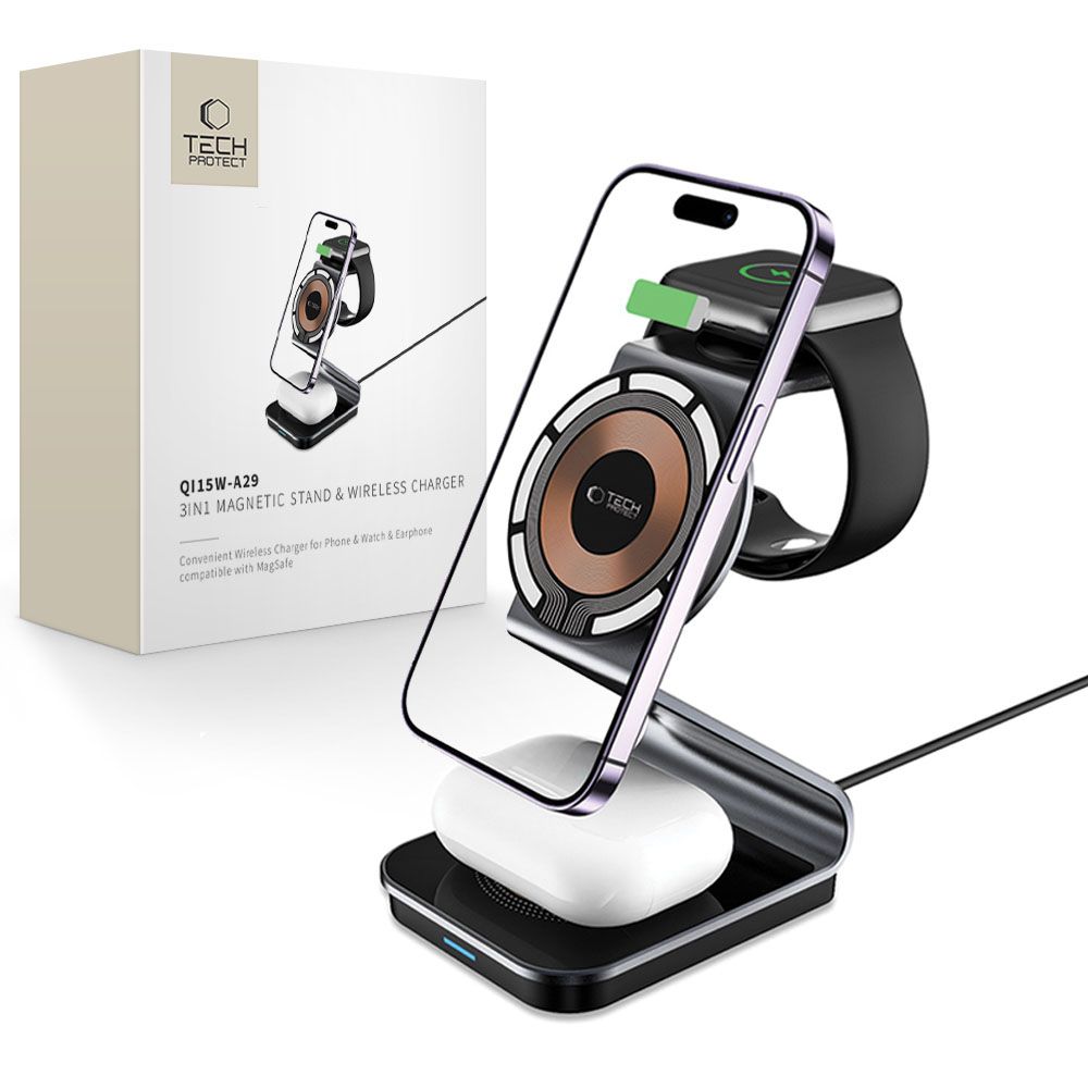 "Tech-Protect QI15W-A29" 3-in-1 indukcinis įkroviklis su "MagSafe" išmaniesiems telefonams / "Apple Watch" / "AirPods" - juodas