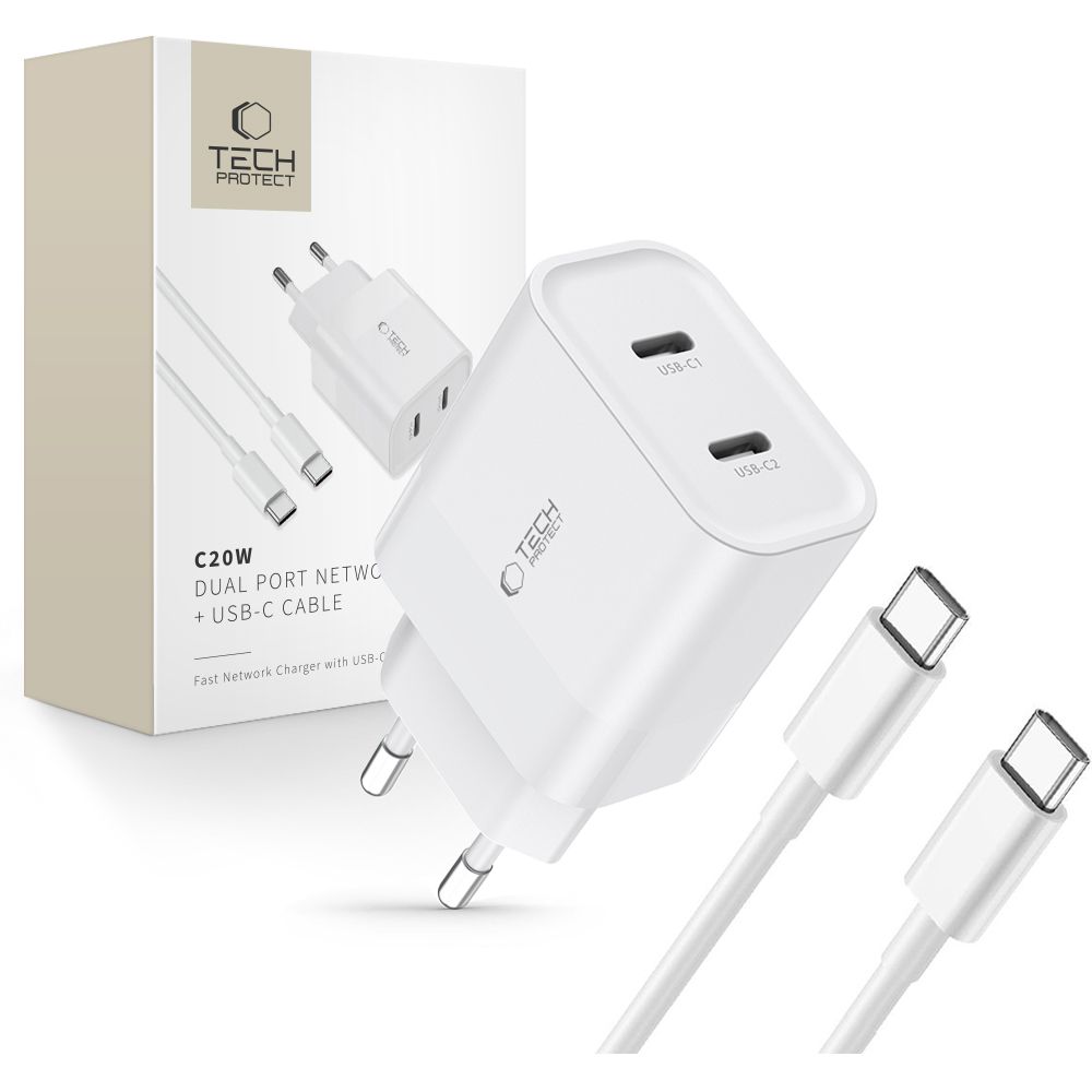 Tech-Protect C20W 2x USB-C PD 20W įkroviklis su USB-C / USB-C laidu - baltas