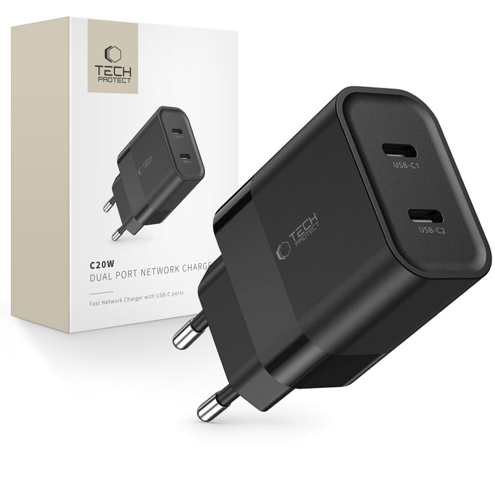 "Tech-Protect C20W" įkroviklis 2x USB-C PD 20W - juodas