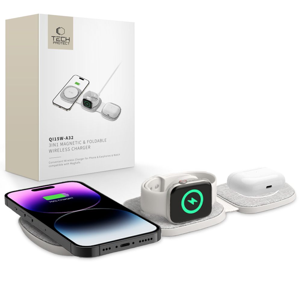 Tech-Protect QI15W-A32 3 viename indukcinis įkroviklis su MagSafe išmaniesiems telefonams / Apple Watch / AirPods - pilkas