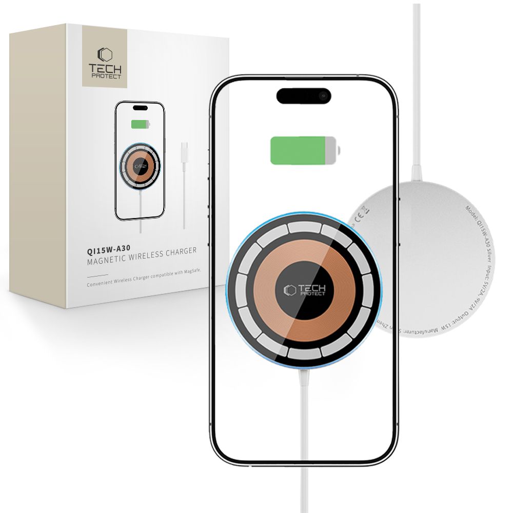 Tech-Protect QI15W-A30 MagSafe indukcinis įkroviklis su USB-C kabeliu - sidabrinis