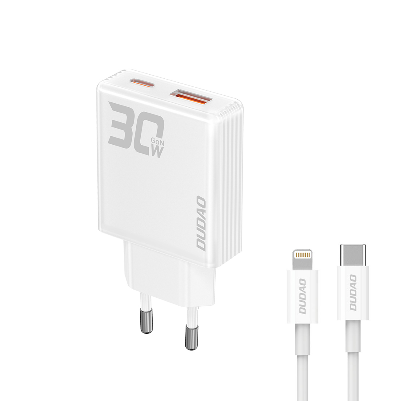 GaN Dudao A30EUL 30W USB-A / USB-C sieninis įkroviklis + USB-C - Lightning kabelis - baltas