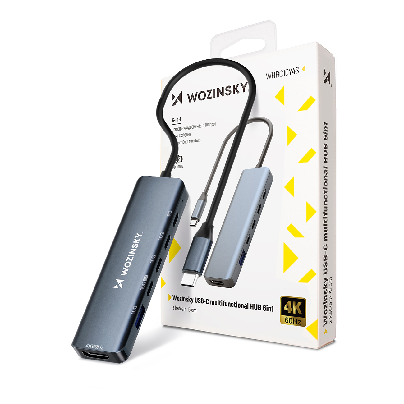 USB-C 6 in 1 Hub Wozinsky WHBC10Y4S daugiafunkcis, aliuminis, su 25 cm laidu - pilkas