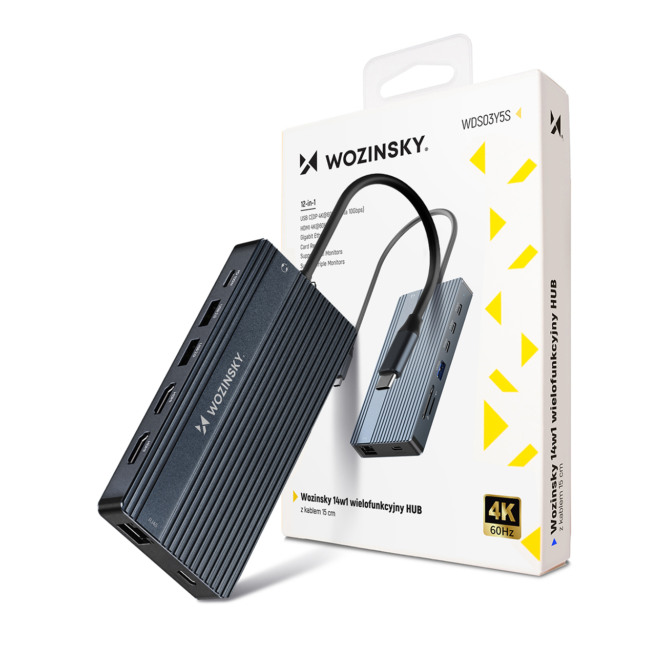 USB-C Hub 14 in 1 Wozinsky WDS03Y5S daugiafunkcis, aliuminis, 3 monitoriams, su 15 cm laidu - pilkas