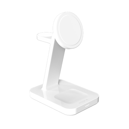 ZAGG Mophie Snap+ 3-in-1 Qi2 belaidis įkroviklis su stovu trims įrenginiams, suderinamas su MagSafe ir Qi2 – baltas