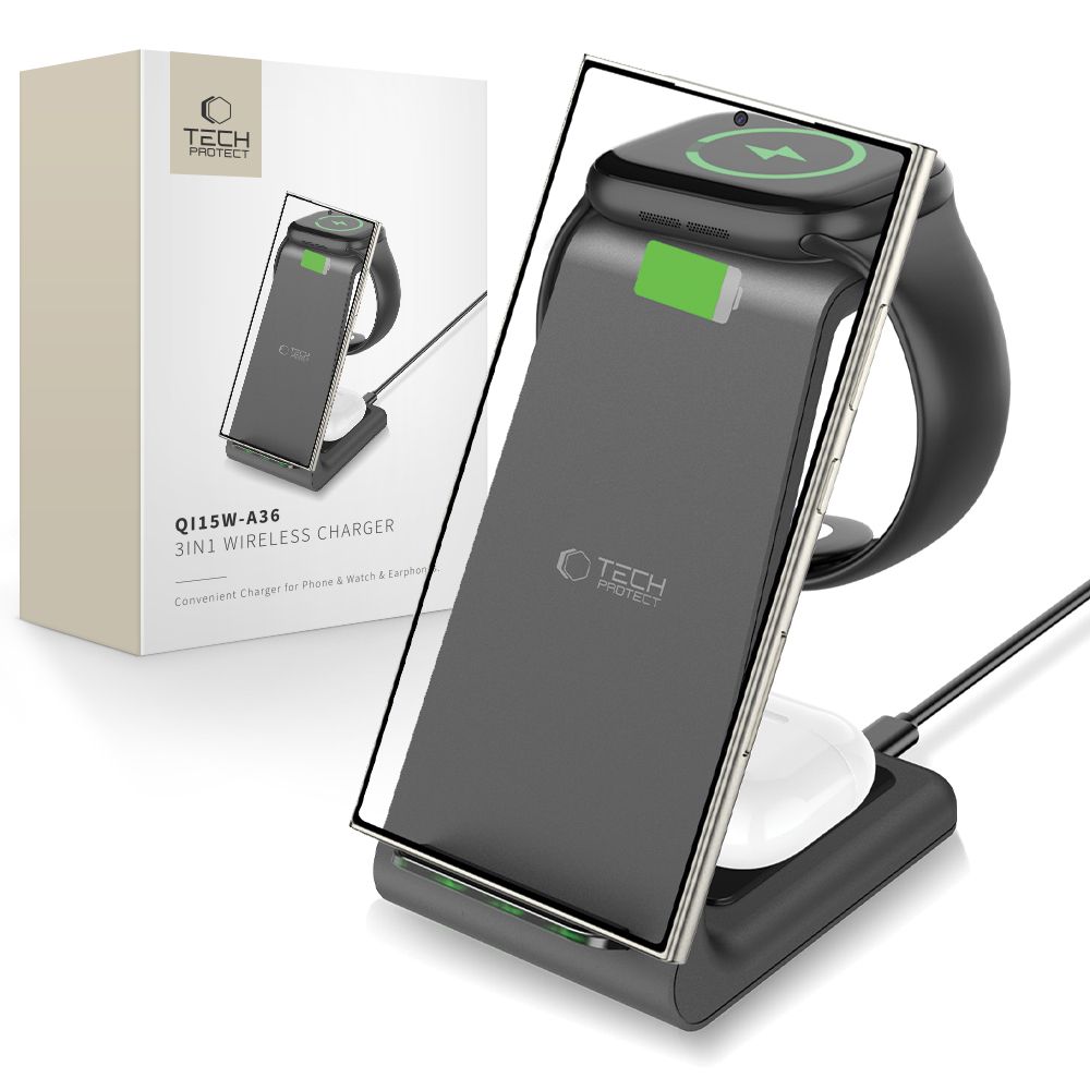 Tech-Protect QI15W-A36 3in1 įkrovimo stotelė Android įrenginiams - juoda