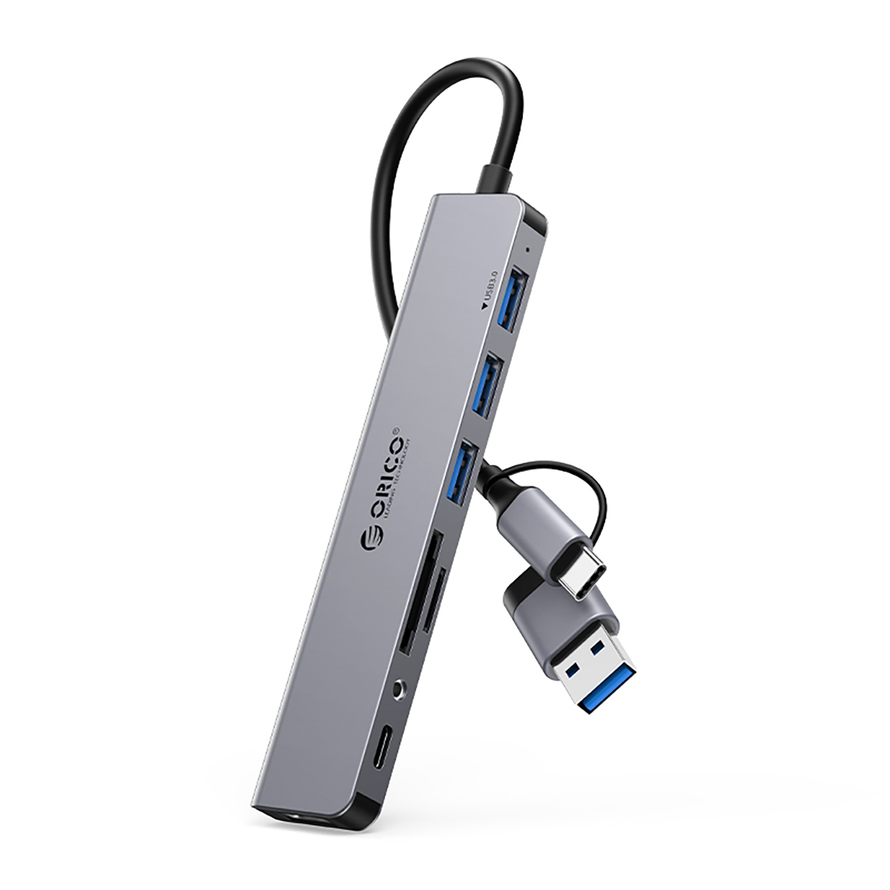 Orico YSA8-U3 USB-A/USB-C Hub prijungimo stotelė 3x USB-A 2.0 + 1x USB-A 3.0 + 1x USB-C 2.0 + 1x 3.5mm Audio + 2x TF&SD - pilka
