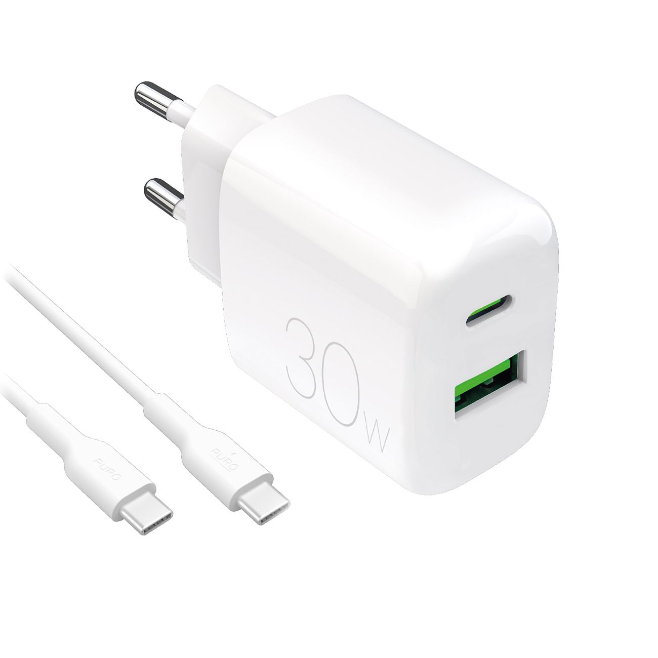 Puro PROLITE 30W USB-A / USB-C sieninis įkroviklis + USB-C - USB-C kabelis 1.2m - baltas