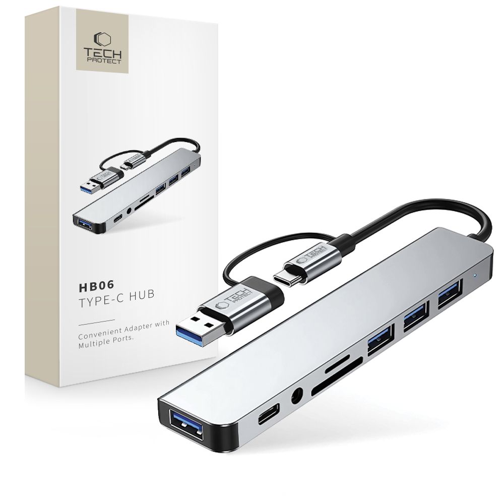 "Tech-Protect" HB06 HUB adapteris 8in1 TYPE-C + USB2.0 + USB3.0 + SD/TF + AV3.5 - pilkos spalvos