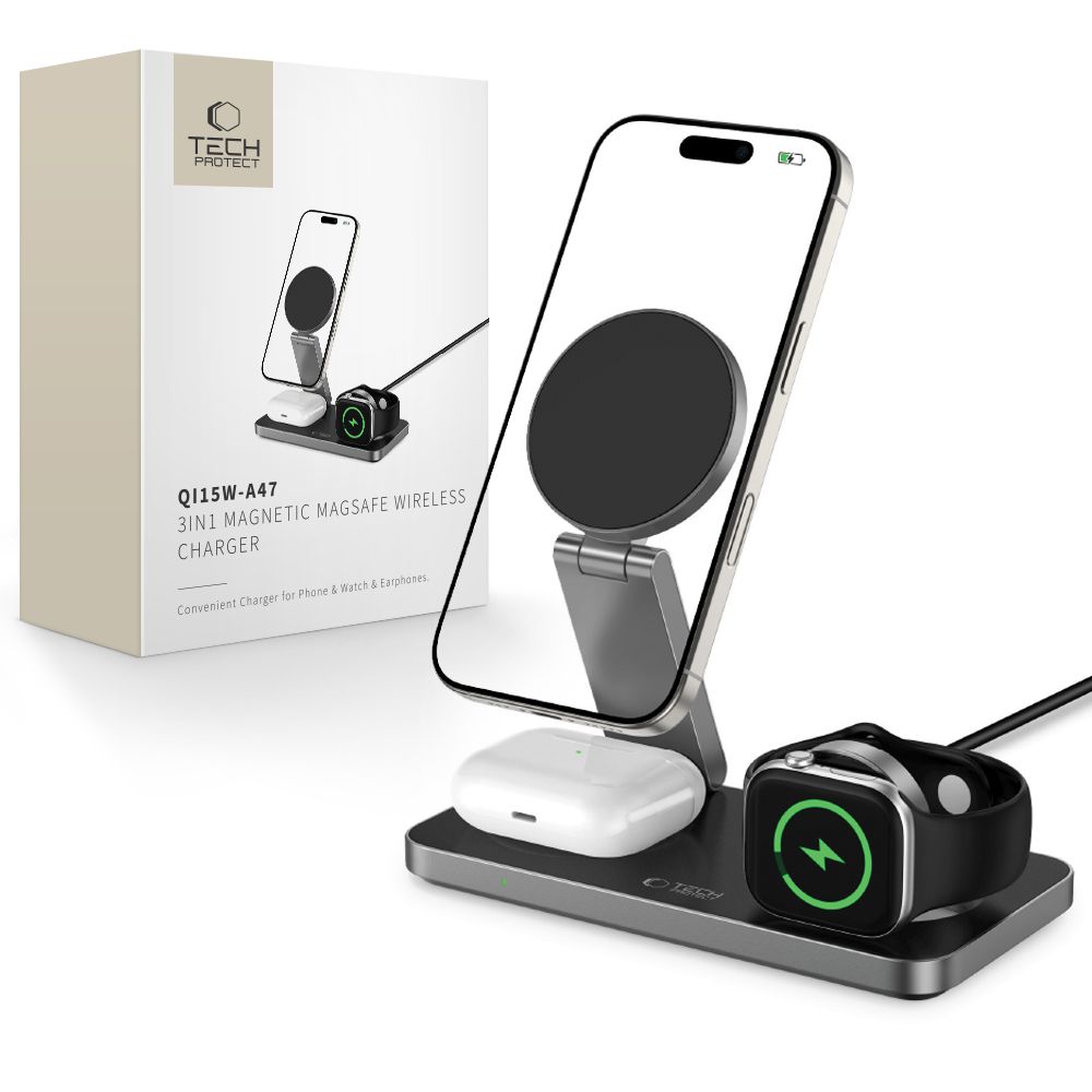 Tech-Protect QI15W-A47 MagSafe 3in1 indukcinis įkroviklis + USB-C kabelis - juodas