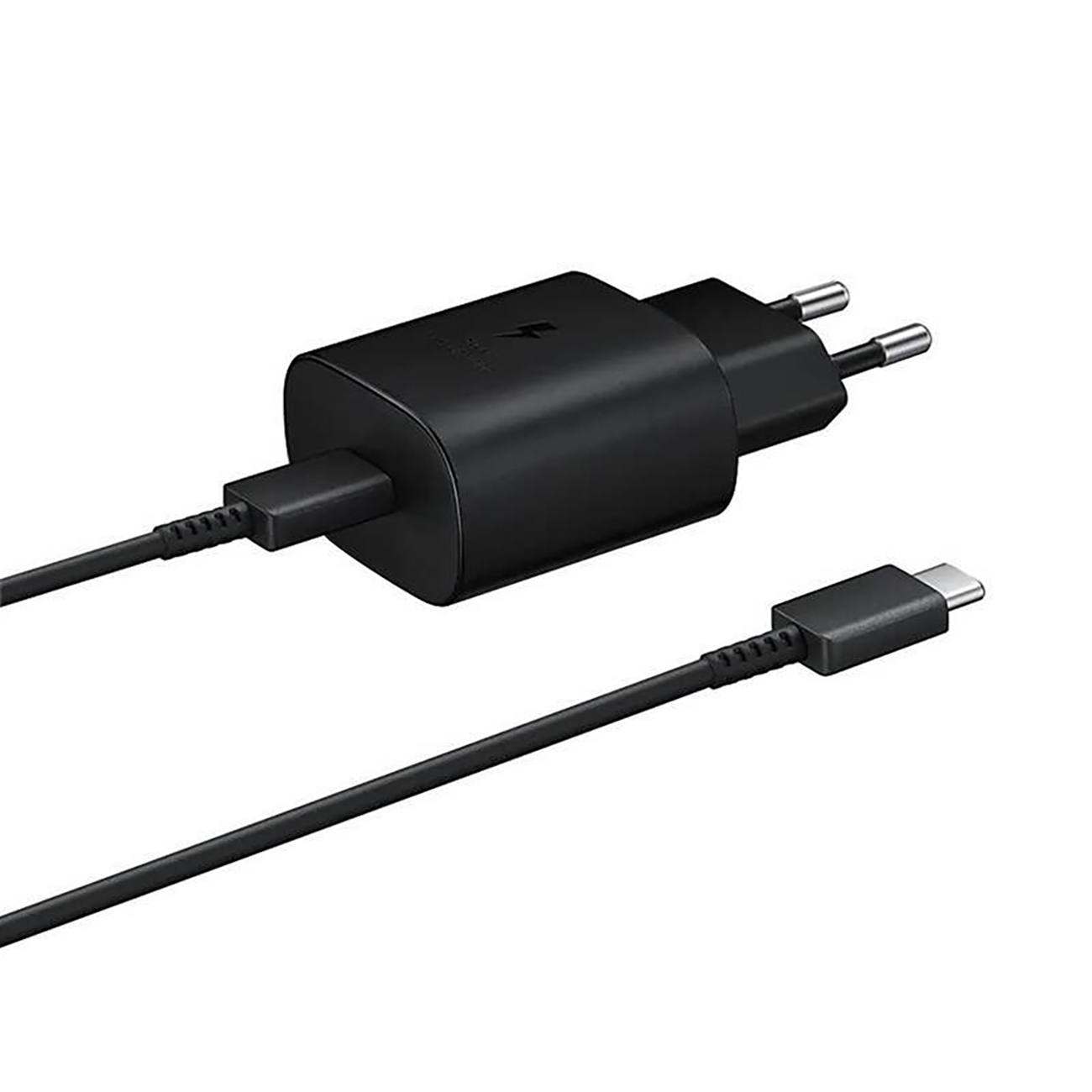 Samsung 25W EP-TA800EBE USB-C sieninis įkroviklis su Samsung EP-DA705BBE USB-C / USB-C kabeliu pakaitinis rinkinys - juodas
