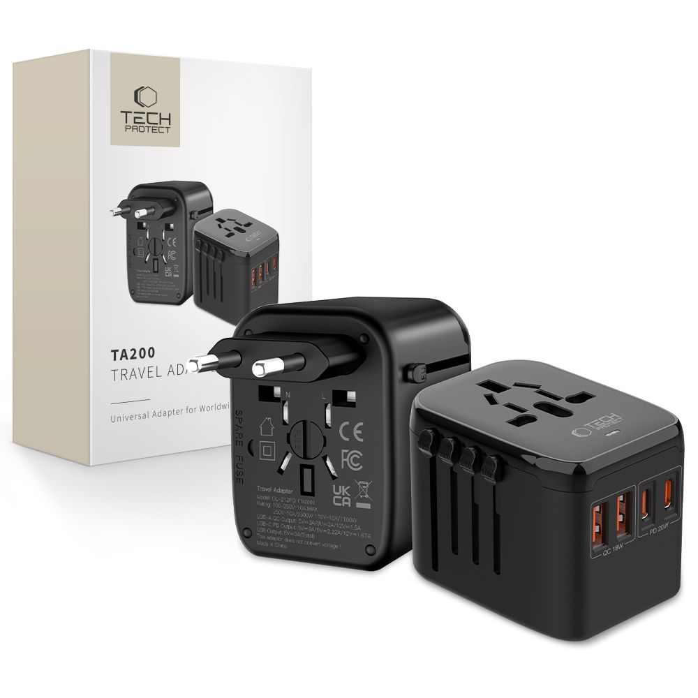 Tech-Protect TA200 EU / UK / US / AU adapteris - juodas