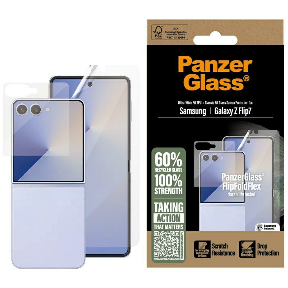 PanzerGlass FlipFoldFlex 2-in-1 apsauginis rinkinys Classic Fit stiklas + Ultra-Wide Fit TPU plėvelė Samsung Galaxy Flip7 telefonui