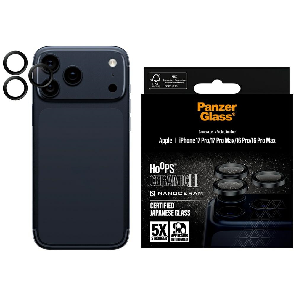 "PanzerGlass Hoops Ceramic II" kameros objektyvo stiklas, skirtas "iPhone 17 Pro" / "17 Pro Max" / "16 Pro" / "16 Pro Max" - juodas