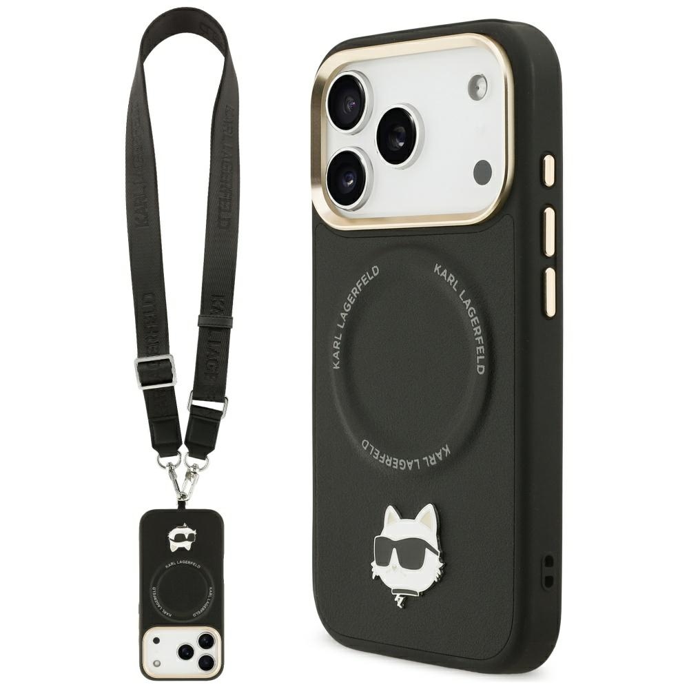 Karl Lagerfeld Big Strap Choupette metalinio logotipo Magnetinis dėklas telefonui iPhone 17 Pro - juodas