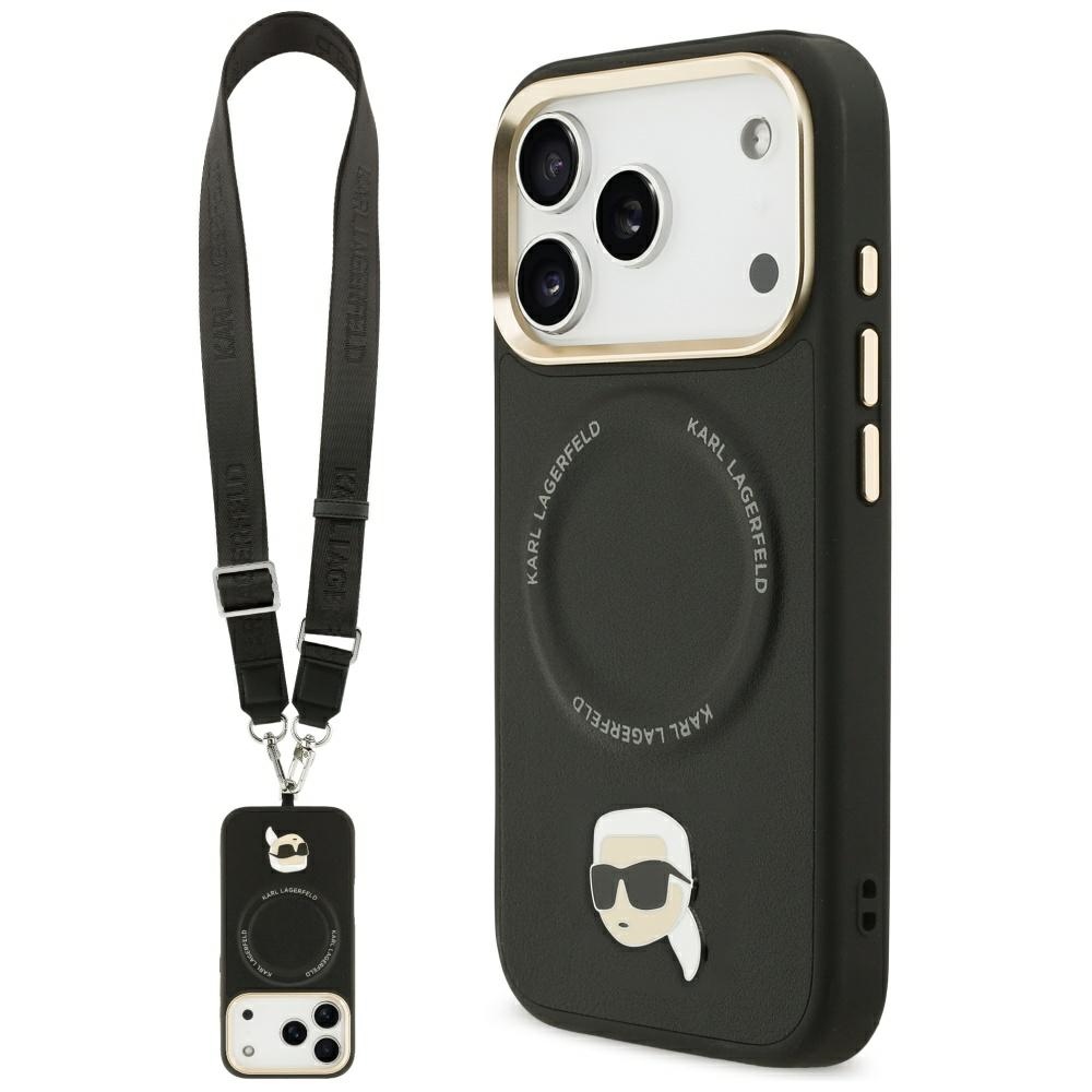 Karl Lagerfeld Big Strap Karl metalinio logotipo Magnetinis dėklas telefonui iPhone 17 Pro Max - juodas