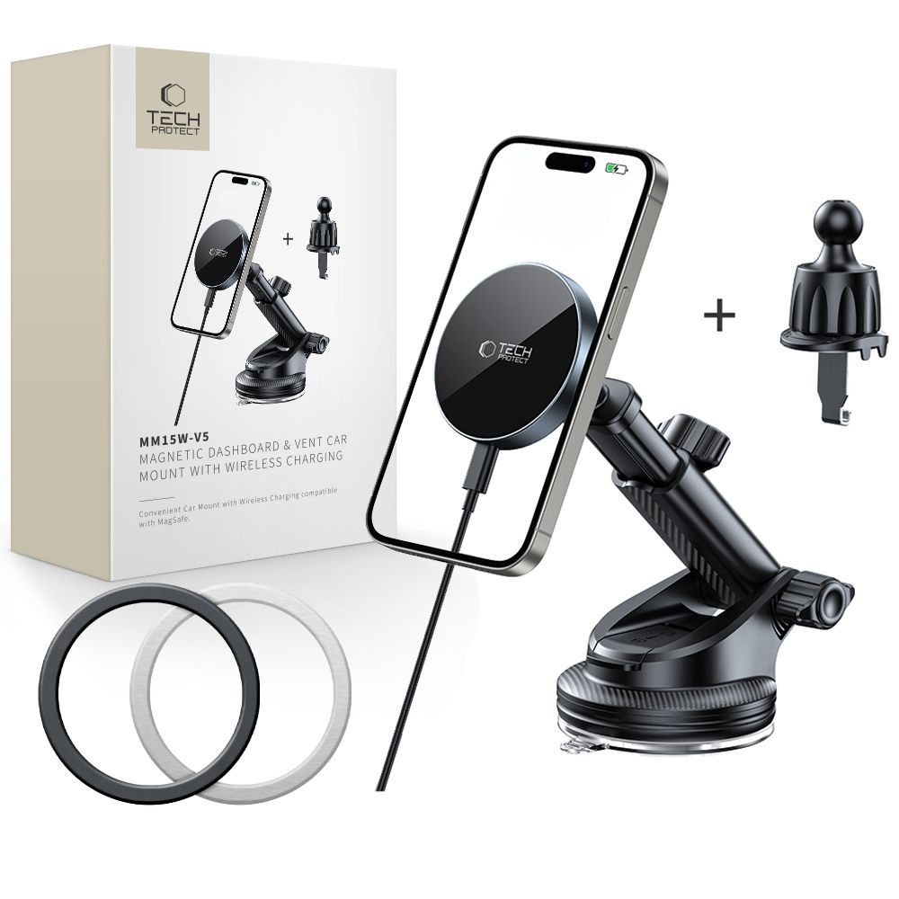 Tech-Protect mm15W-V5 magnetinis MagSafe automobilio laikiklis prietaisų skydeliui/stiklui/ventiliacijai juodas