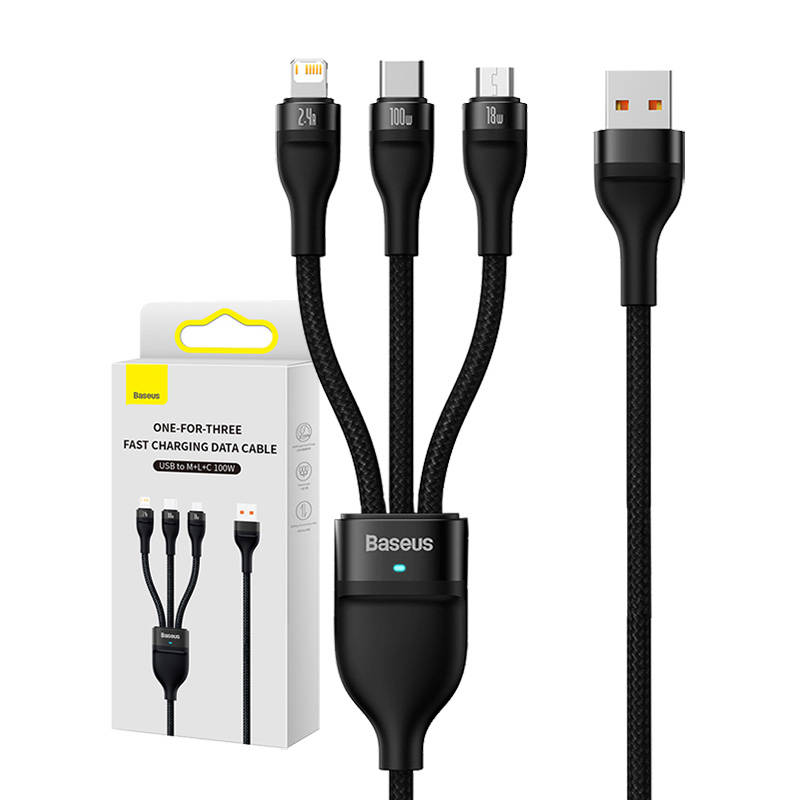 3in1 USB kabelis Baseus Flash Series, USB-C + micro USB + Lightning, 100W, 1.2m (juodas)