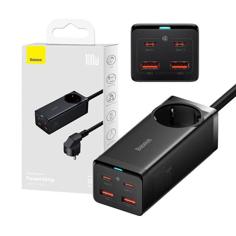 Baseus GaN3 Pro sieninis įkroviklis / maitinimo juosta 2xUSB + 2xUSB-C + AC, 100W (juodas)