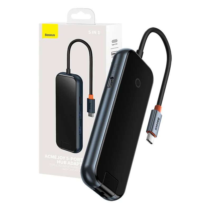 Hub 5in1 Baseus AcmeJoy serija USB-C į 2xUSB 3.0 + USB 2.0 + USB-C PD + RJ45 (tamsiai pilkas)